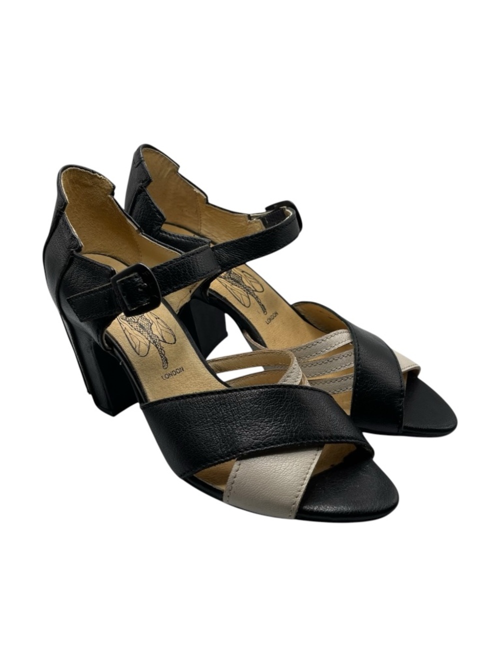 Fly‎ London Leather Block Heel Sandals Women’s EU 37 Black White Ankle Strap